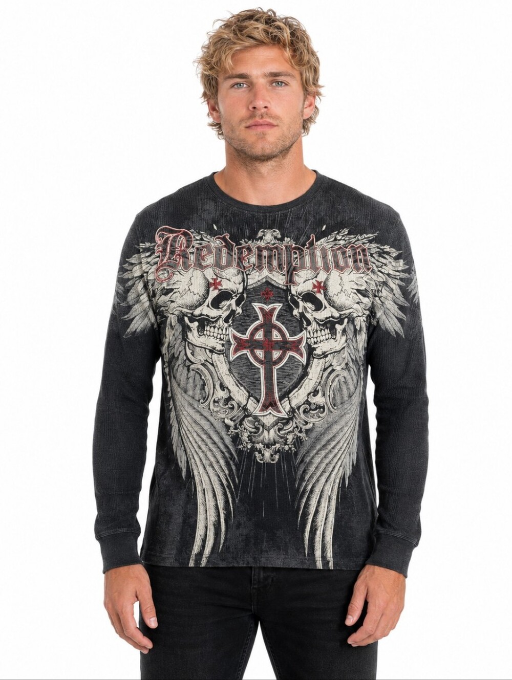 Raw State Redemption Y2K Men's L Skull Wings Cross Long Sleeve Graphic Shirt EUC